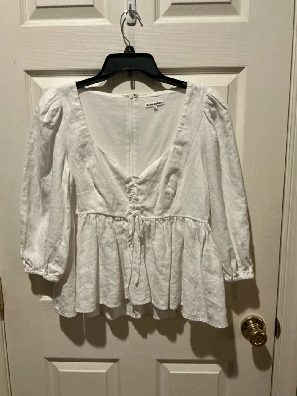 Reformation Linen White Puff-Sleeve Babydoll Top Lace-Up Bodice Boho Size 10